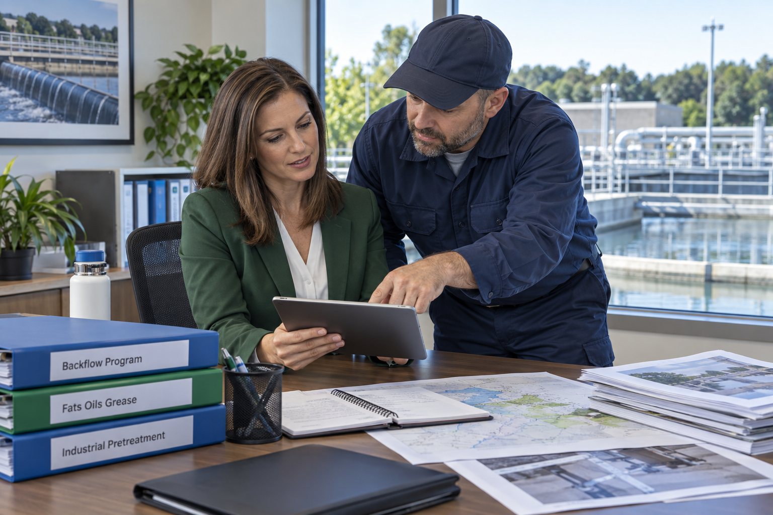 Illustrative compliance manager and field inspector reviewing program records