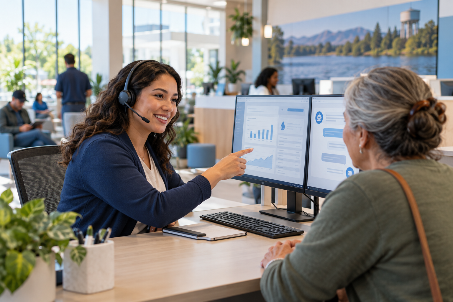 Illustrative customer service professional assisting a utility customer