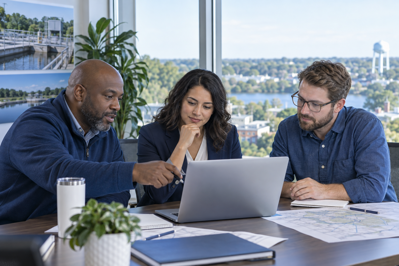 Illustrative utility professionals collaborating on operational workflows